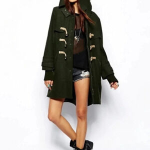 Free People EUC Dark Green Hooded Wool Blend Coat Size S/P